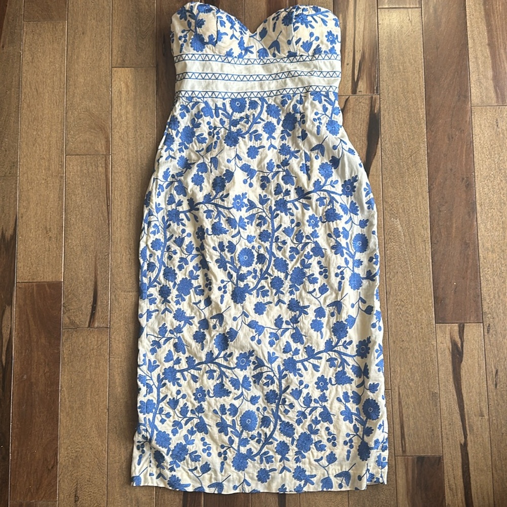 NWT‎ Tibi Strapless Cream Blue Embroidered Dress 6
